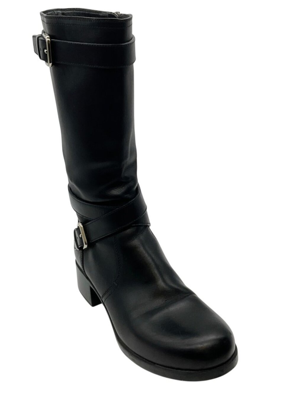 Prada Black Leather Belted Moto Boots